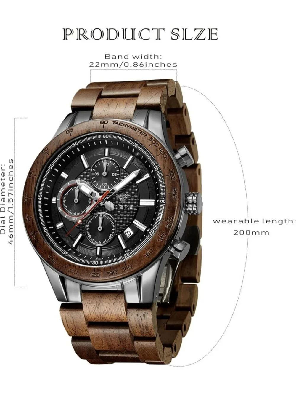 Men's Black Olive Stainless Steel Chronograph Solid Multifunctional Wooden Watch